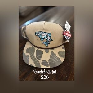 BURLEBO Tan and Blue Fish Patch Hat